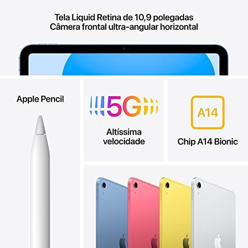         iPad da Apple (10a geração): Com chip A14 Bionic, tela Liquid Retina de 10,9 polegadas, 64 GB Wi-Fi 6  rede celular 5G, câmera frontal de 12 MP, câmera traseira de 12 MP, Touch ID – Prateado       